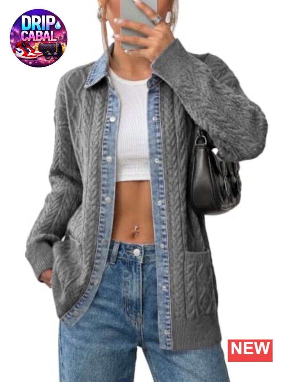 Sidefeel Women's Cable Knit Denim Collar Cardigan